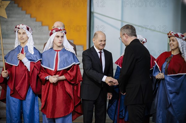 Federal Chancellor Olaf Scholz (SPD) pictured at the traditional reception for carol singers at the Federal Chancellery in Berlin, 8 January 2024