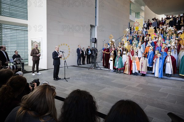 Federal Chancellor Olaf Scholz (SPD) pictured at the traditional reception for carol singers at the Federal Chancellery in Berlin, 8 January 2024