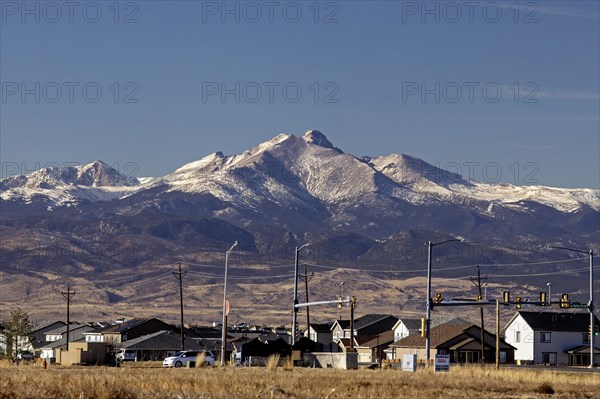 Frederick, Colorado, Mount Meeker and Longs Peak in Rocky Mountain National Park, photographed from Colorado's eastern plains north of Denver