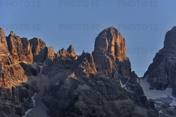 Alpenglow at sunset over the mountain Monte Cristallo in the Dolomites, Italy, Europe