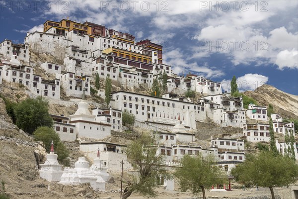 Thikse Gompa, the Buddhist monastery of Central Ladakh, seen in summer. This monastery belongs to the Gelug, Yellow Hats, tradition of the Tibetan Buddhism. District Leh, Union Territory of Ladakh, India, Asia