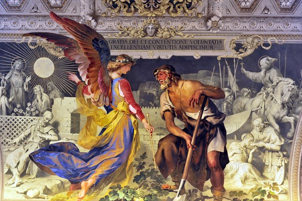 Ceiling painting with angel and peasant, Vatican Museums, Vatican City, Vatican, Rome, Lazio, Italy, Europe