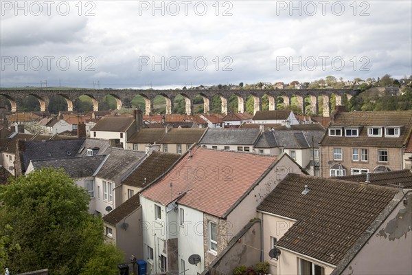View of railway viaduct over rooftops, Berwick-upon-Tweed, Northumberland, England, UK