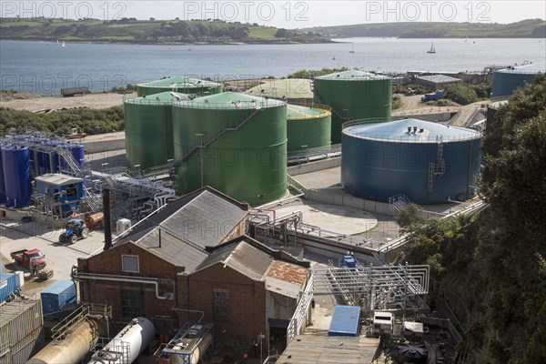 Fuel storage container oil tanks in docks, Falmouth, Cornwall, England, United Kingdom, Europe