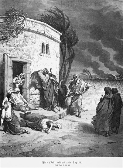 Job experiences his misfortune, Job, chapter 1, stone house, entrance, horror, despair, storm, people, Bible, Old Testament, historical illustration