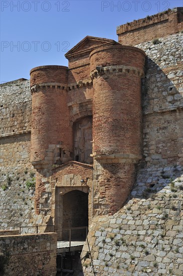 Entrance gate of the Catalan fortress Fort de Salses at Salses-le-Chateau, Pyrenees, France, Europe