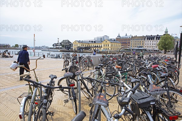 Parked bicycles in Helsingborg, Skane laen, Sweden, Europe