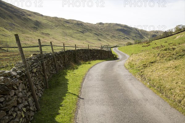 Narrow road and dry stonewall, Boredale valley, Martindale, Lake District national park, Cumbria, England, UK