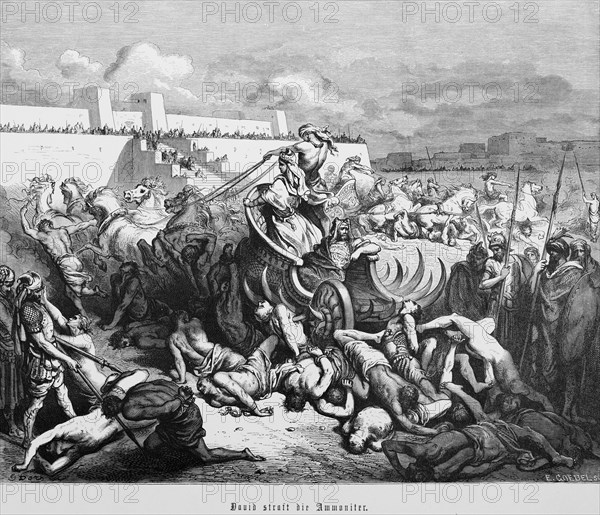 David punishes the Ammonites, 2nd Book of Samuel, chapter 12, capital Rabbah, city wall, army, battle, weapons, lances, dead, wounded, chariots, horses, team of four, Bible, Old Testament, historical illustration 1885