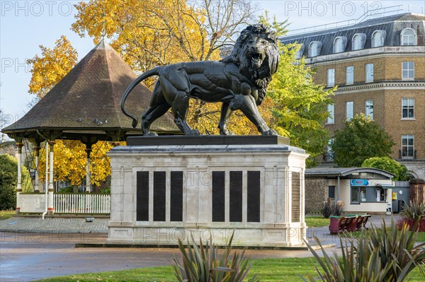 Maiwand Lion sculpture war memorial monument, Forbury Gardens park, Reading, Berkshire, England, UK