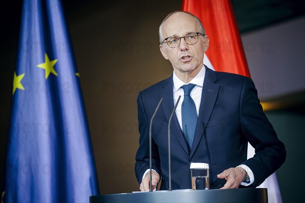 Luc Frieden, Prime Minister of the Grand Duchy of Luxembourg, recorded at a press conference after talks with Federal Chancellor Olaf Scholz at the Federal Chancellery in Berlin, 8 January 2024