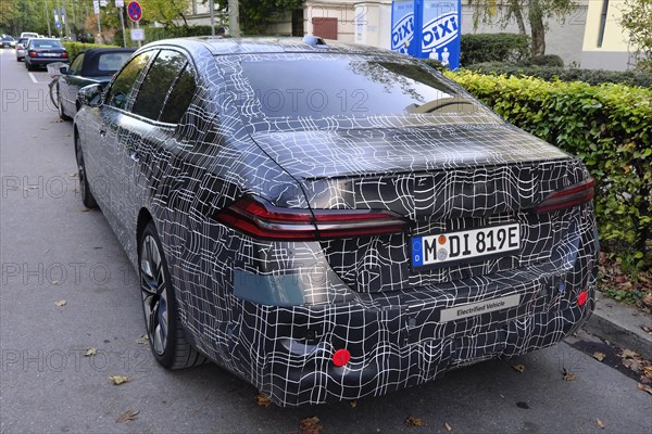 Rear view of BMW 7 Series prototype, electrified version, Munich, Bavaria, Germany, Europe