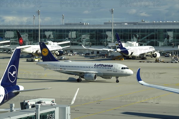 Airbus A 319 100 taxiing over the apron of Terminal 2, Munich Franz Josef Strauss Airport, Munich, Bavaria, Germany, Europe