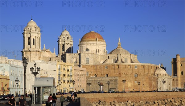 Cathedral church buildings viewed from the sea front, Cadiz, Spain, Europe
