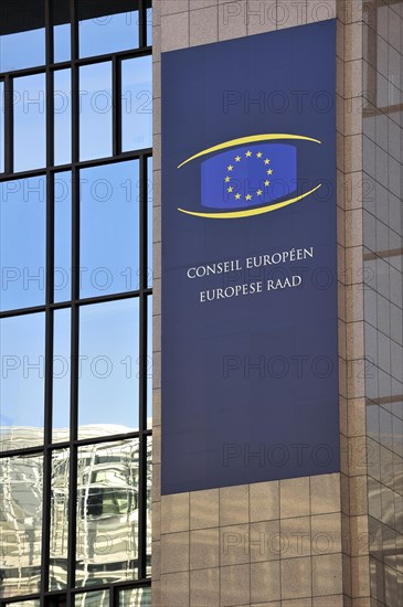 Banner on the Justus Lipsius building, headquarters of the Council of the European Union, Brussels, Belgium, Europe