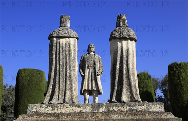 Columbus, King Ferdando and Queen Isabel statues in garden of Alcazar, Cordoba, Spain, Alcazar de los Reyes Cristianos, Europe