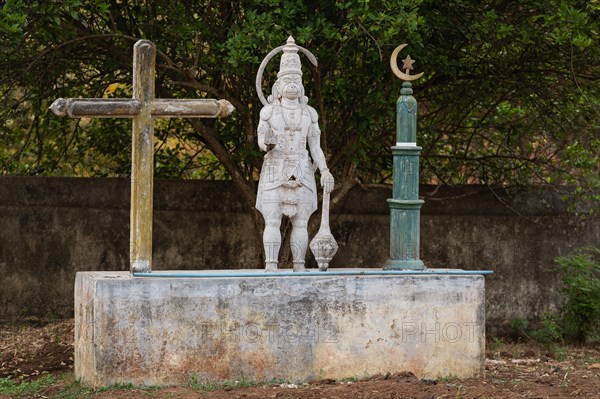 Symbols for three religions, Christian cross, Hindu monkey god Hanuman, Islamic crescent, Andhra Pradesh, India, Asia