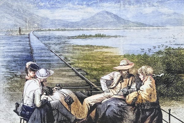 Inspection car of the Pacific Railway on the way to the Great Salt Lake. From American Pictures Drawn With Pen And Pencil by Rev Samuel Manning c. 1880, United States, America, Historic, digitally restored reproduction from a 19th century original, Record date not stated, North America