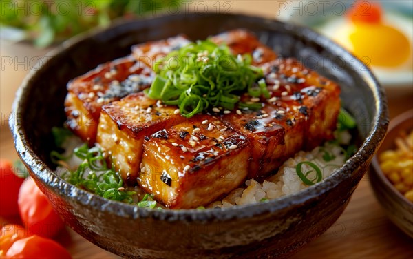 A bowl of rice topped with grilled eel, sprinkled with sesame seeds and scallions, AI generated