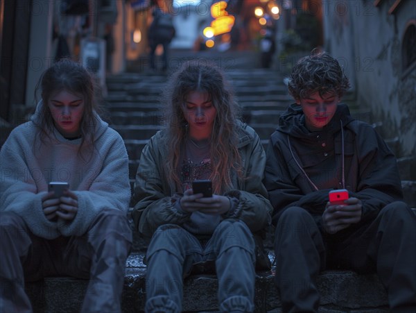 Several young people look bored at their cell phones, neglect social contacts, sport, reading, AI generated