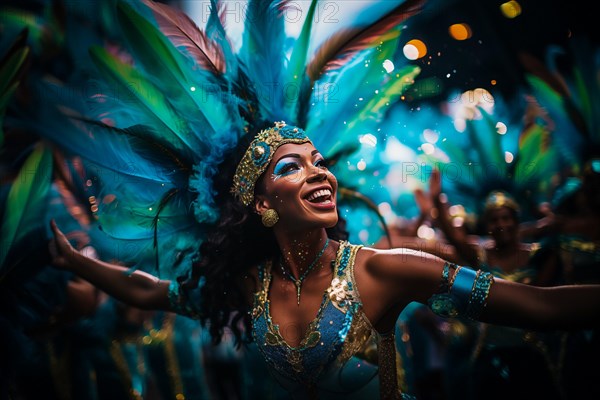 Captivating image capturing the essence of the Rio Carnival, showcasing a dancer adorned in an elaborate, vibrant costume, embodying the spirit and energy of this iconic festival, AI generated