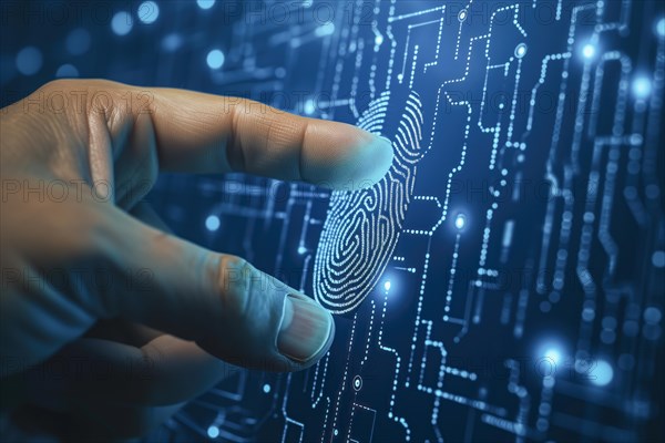 A finger touches a digital fingerprint sensor embedded in a circuit, biometric authentication, cyber security and fingerprint password, future technology and cybernetics, AI generated, AI generated