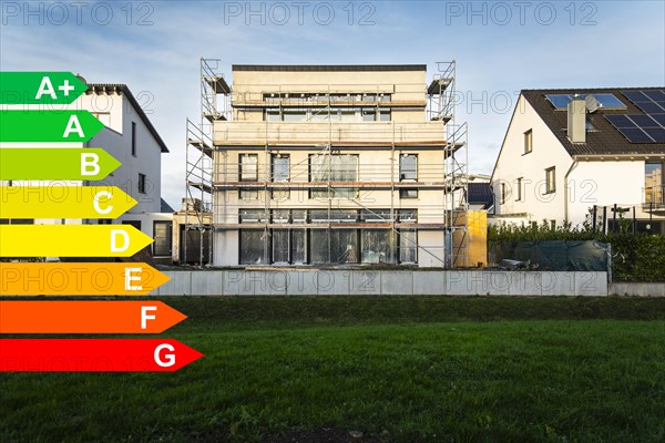 New construction of a single-family house, graphic with energy efficiency classes for buildings according to the GEG, Duesseldorf, Germany, energy efficiency, Europe