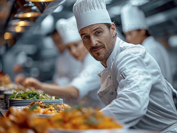 Chefs in a commercial kitchen at work, AI generated