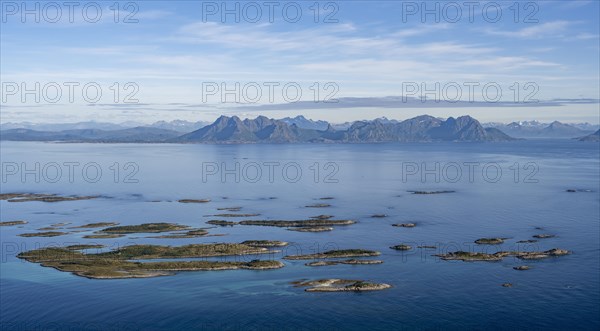 View of Vestfjorden with archipelago islands from Svellingsflaket and mountains, from Dronningsvarden or Stortinden, Vesteralen, Norway, Europe