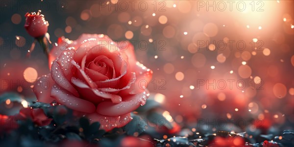 A red rose with dewdrops against a bokeh background, portraying elegance, AI generated