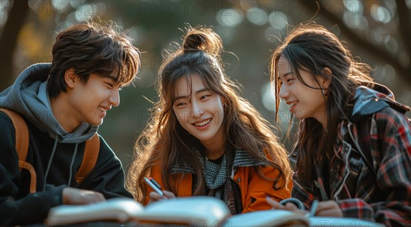 Three friends studying and smiling in an outdoor setting during autumn, AI generated