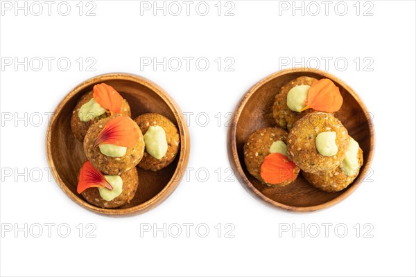 Falafel with guacamole isolated on white. Top view, flat lay, close up