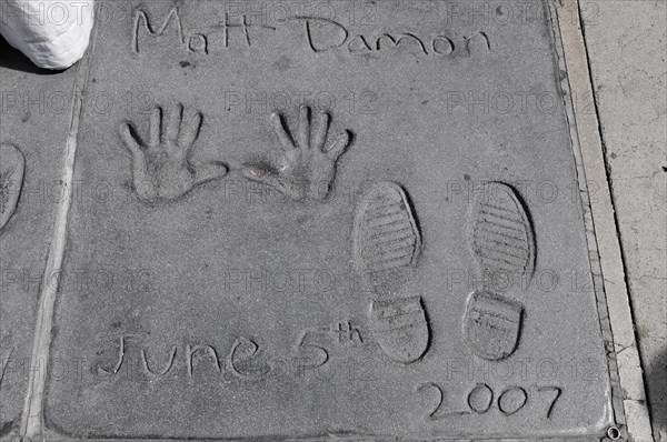 Handprints and footprints of MATT DAMON, Hollywood Boulevard, Los Angeles, California, USA, North America