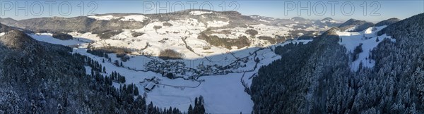 View over Chatzenstaeg, rocky ridge, to Ramiswil and Passwang, Jura Mountain Range in winter, drone image, Muemliswil-Ramiswil, Solothurn, Switzerland, Europe