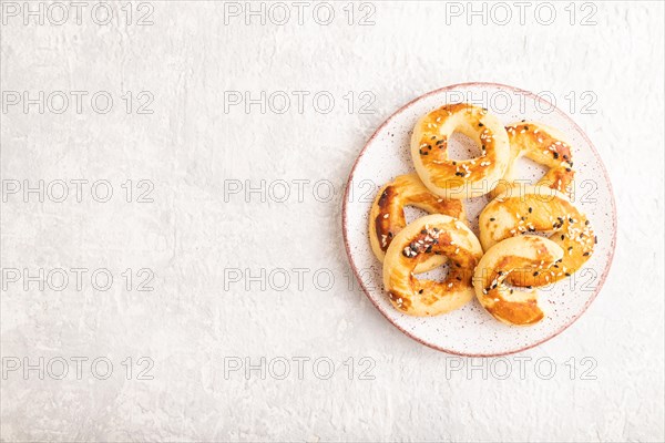 Homemade asian salted cookies on gray concrete background. top view, flat lay, copy space