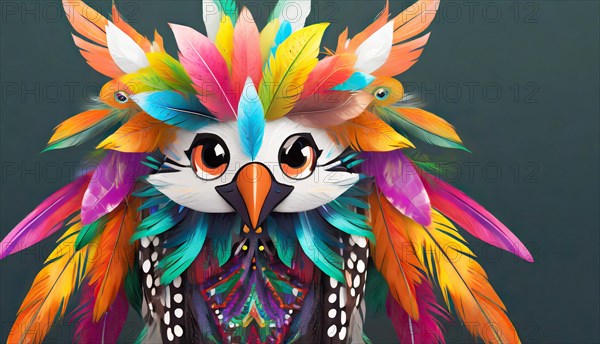 Funny colourful mask made of feathers, face of a bird, portrait, painting, digital art, AI generated, AI generated