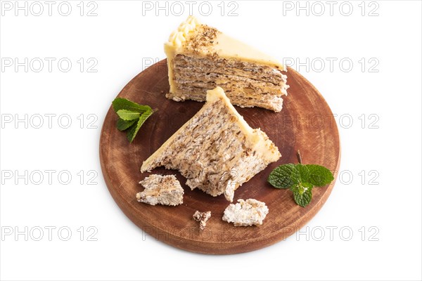 Walnut and almond cake isolated on white background. side view, close up