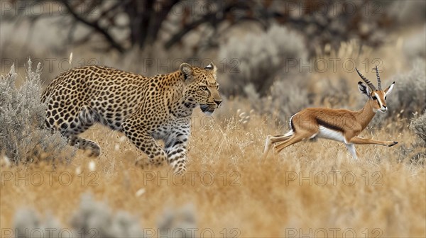 Leopard (Panthera pardus) in natural environment hunting a gazelle, AI generated