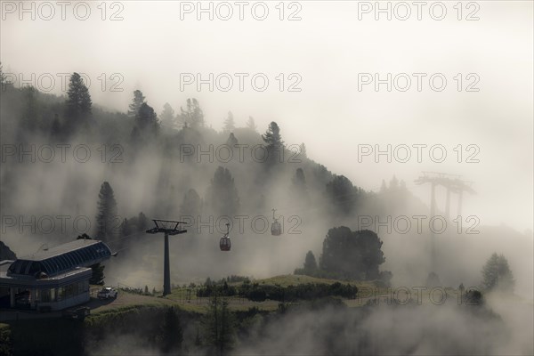 Cable car station in the fog, Corvara, Dolomites, Italy, Europe