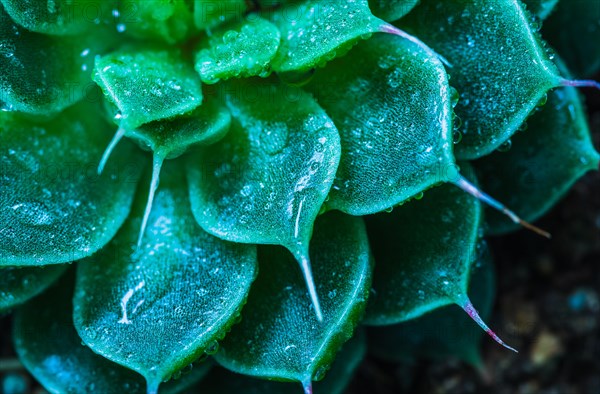Macro of succulent cactus belonging to the family of Crassulaceae with water droplets through blue filter