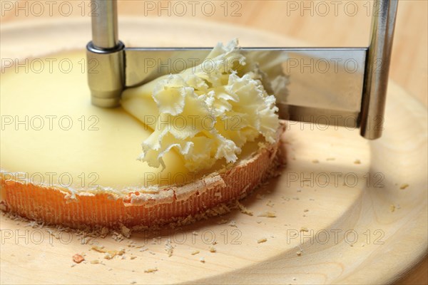 Cheese 'Tete de Moines' with turning knife Girolle, cheese rosettes, Moenchskopf, Switzerland, Europe