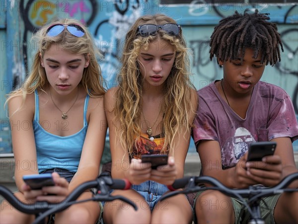 Several young people look bored at their cell phones, neglect social contacts, sport, reading, AI generated