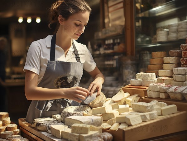 Young woman shopping in supermarket, at the cheese counter, meat counter, fruit stand, bakery, fish counter and shoe store, AI generated