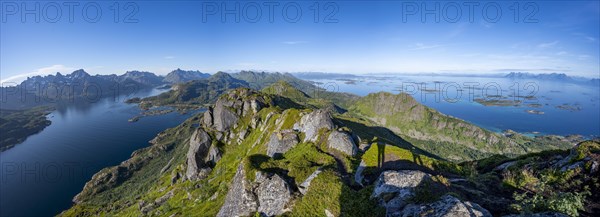 Panorama, view of Raftsund fjord and mountains, archipelago islands in the sea, view from the summit of Dronningsvarden or Stortinden, Sonnenstern, Vesteralen, Norway, Europe