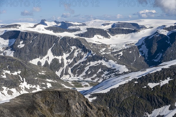 Mountain peak with Jostedalsbreen glacier, view from the summit of Skala, Loen, Norway, Europe