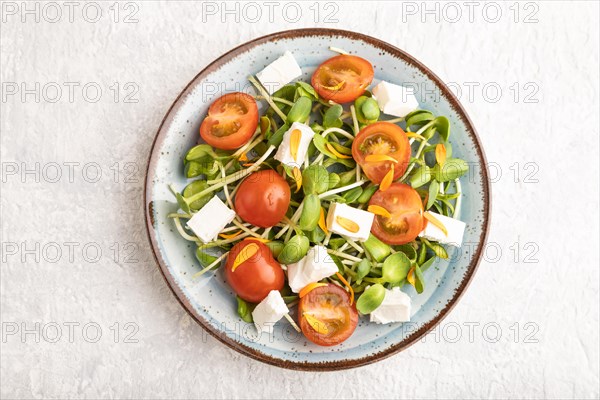 Vegetarian vegetables salad of tomatoes, marigold petals, microgreen sprouts, feta cheese on gray concrete background. Top view, flat lay, close up