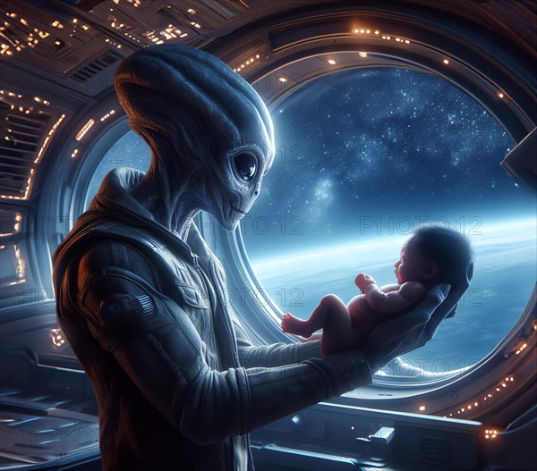 Science fiction, space travel, an extraterrestrial alien looks at a human baby in a UFO, a flying saucer, AI generated, AI generated