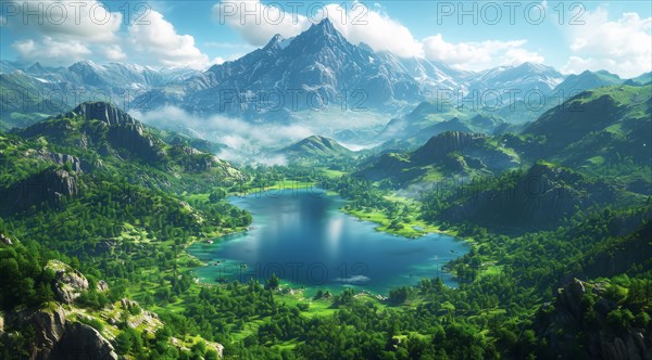 A vibrant valley with a reflective lake surrounded by forested mountains and cloudy skies, AI generated