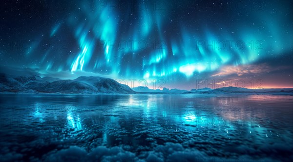 The aurora borealis illuminates the night sky above a frozen landscape with calm, reflective waters, AI generated