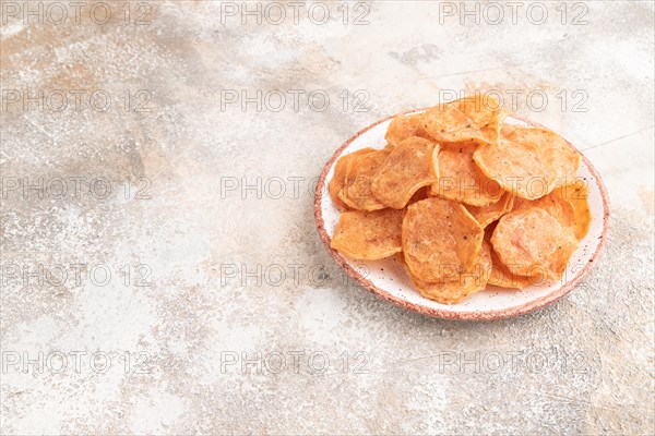 Slices of dehydrated salted meat chips with herbs and spices on gray concrete background. Side view, copy space
